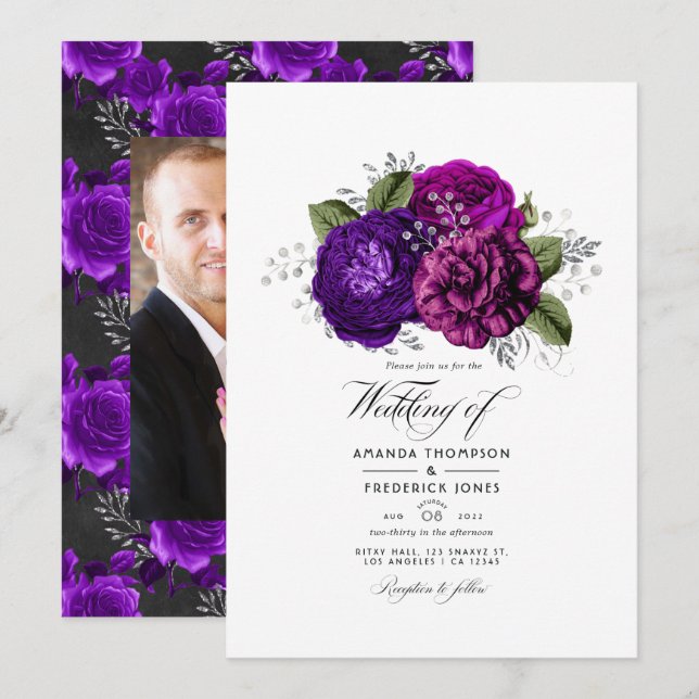 Royal Lila und Silver Floral Wedding Foto Einladung (Vorne/Hinten)