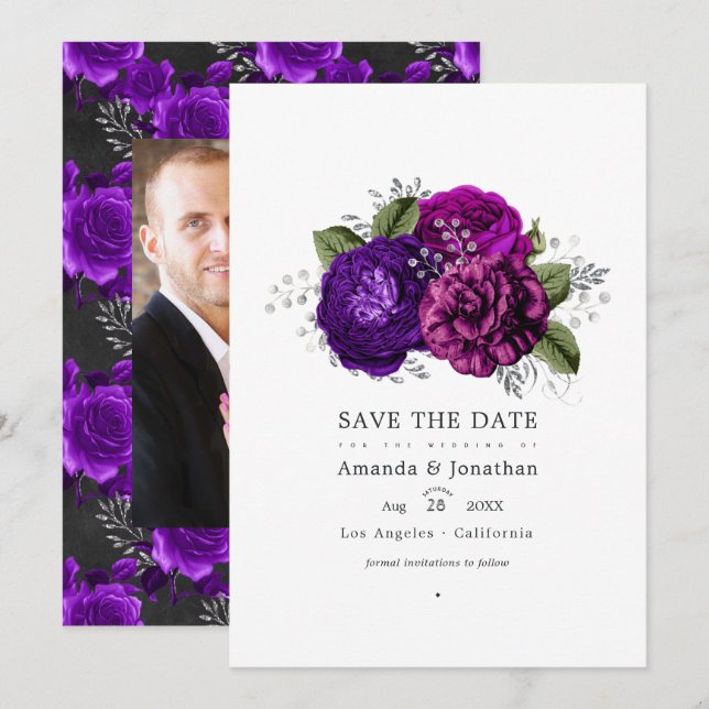 Royal Lila und Silver Floral Wedding Foto Save The Date (Vorne/Hinten)