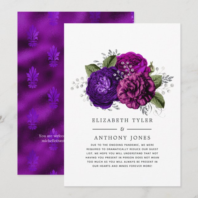 Royal Lila und Silver Floral Wedding Guest List Ankündigung (Vorne/Hinten)