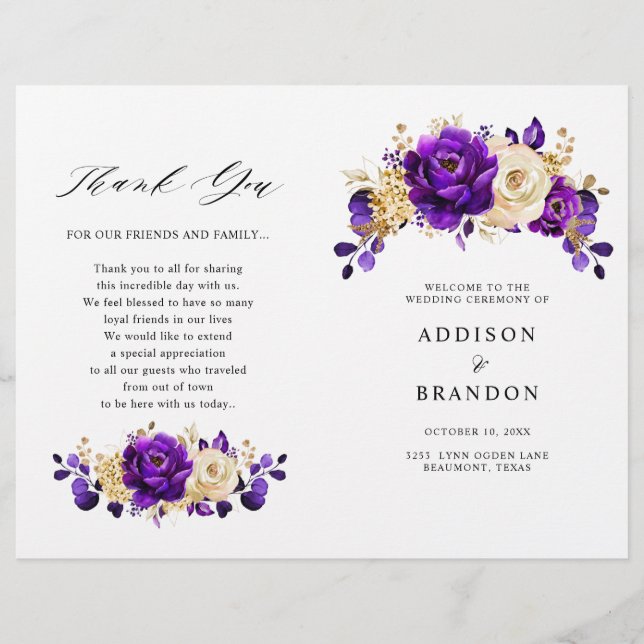 Royal Lila Violet Gold Botanical Wedding Program (Vorderseite)
