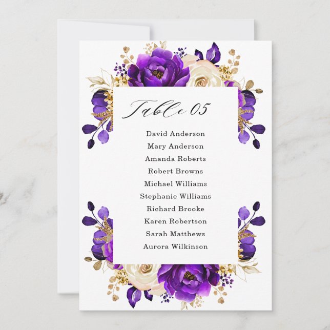 Royal Lila Violet Gold Botanische Sitzkarte Einladung (Vorderseite)