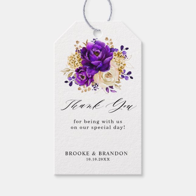 Royal Lila Violet Gold Floral Botanische Hochzeit Geschenkanhänger (Vorderseite)