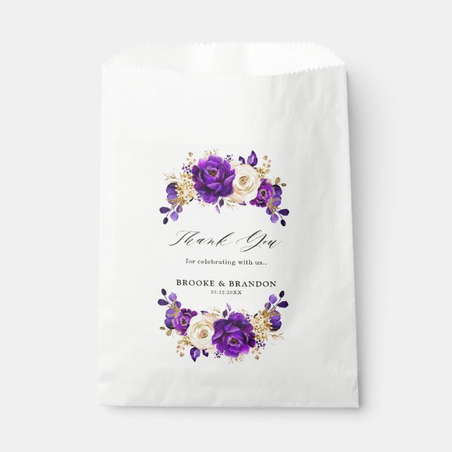 Royal Lila Violet Gold Floral Botanische Hochzeit Geschenktütchen (Vorderseite)