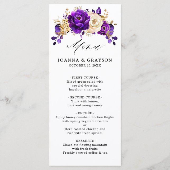 Royal Lila Violet Gold Floral Botanische Hochzeit Menükarte (Vorderseite)