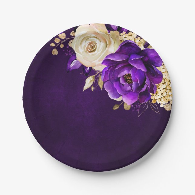 Royal Lila Violet Gold Floral Botanische Hochzeit Pappteller (Vorderseite)