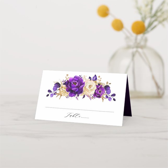 Royal Lila Violet Gold Floral Botanische Hochzeit Platzkarte (Vorderseite)