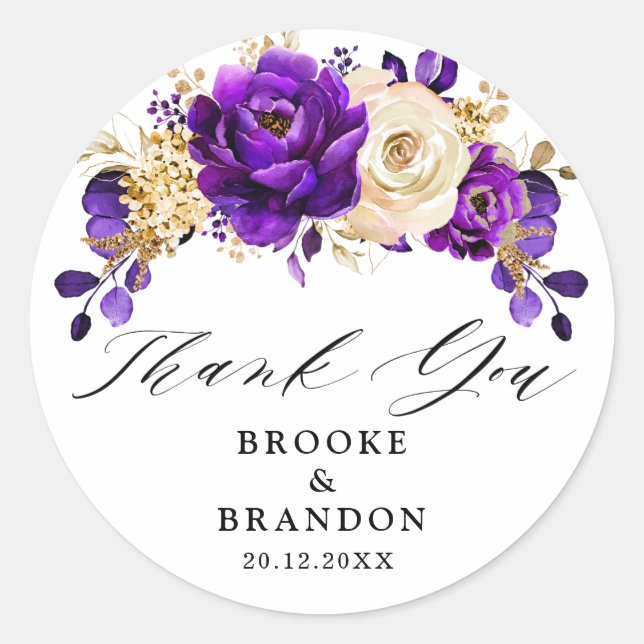 Royal Lila Violet Gold Floral Botanische Hochzeit Runder Aufkleber (Vorderseite)
