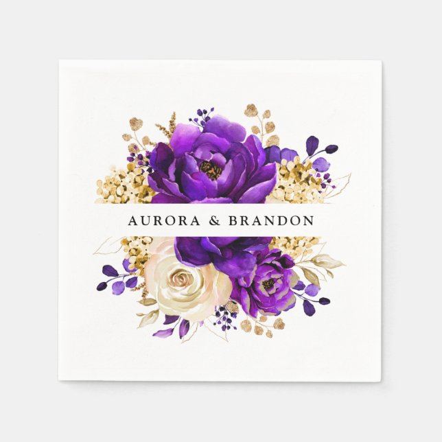 Royal Lila Violet Gold Floral Botanische Hochzeit Serviette (Vorderseite)