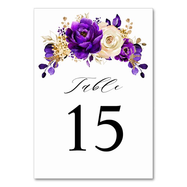 Royal Lila Violet Gold Floral Botanische Hochzeit Tischnummer (Vorderseite)