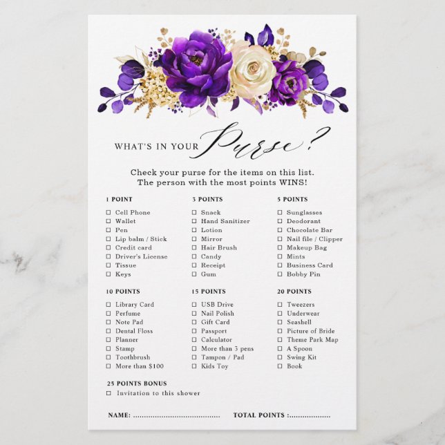 Royal Lila Violet Gold Floral Brautparty Game (Vorderseite)
