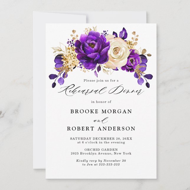 Royal Lila Violet Gold Floral Probe Abendessen Einladung (Vorderseite)
