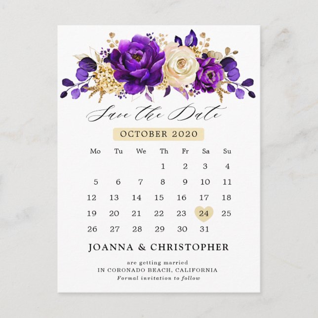 Royal Lila Violet Gold Floral Save the Date Postkarte (Vorderseite)