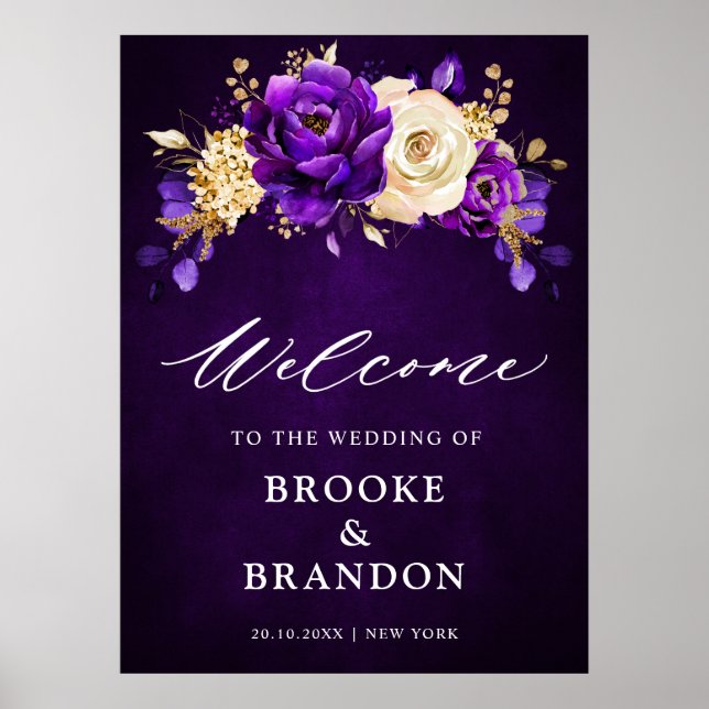 Royal Lila Violet Gold Floral Wedding Willkommen P Poster (Vorne)