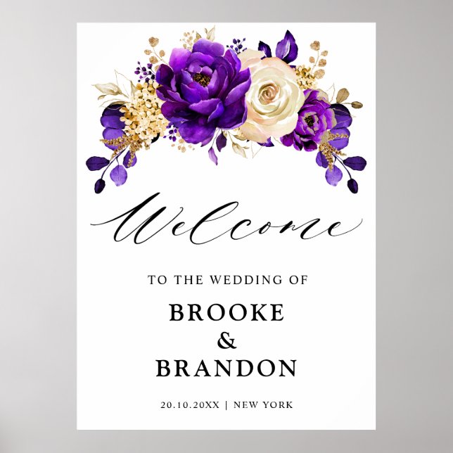 Royal Lila Violet Gold Floral Wedding Willkommen Poster (Vorne)