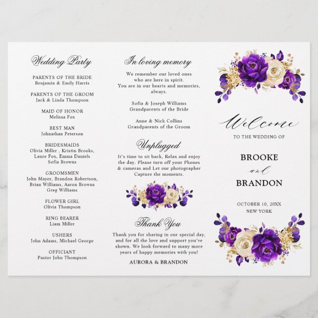 Royal Lila Violet Gold Wedding Tri Fold Program (Vorderseite)