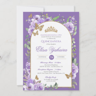 Royal Lila Watercolor Golden Butterfly Quinte Einladung