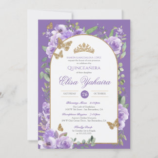 Royal Lila Watercolor Golden Butterfly Quinte Einladung