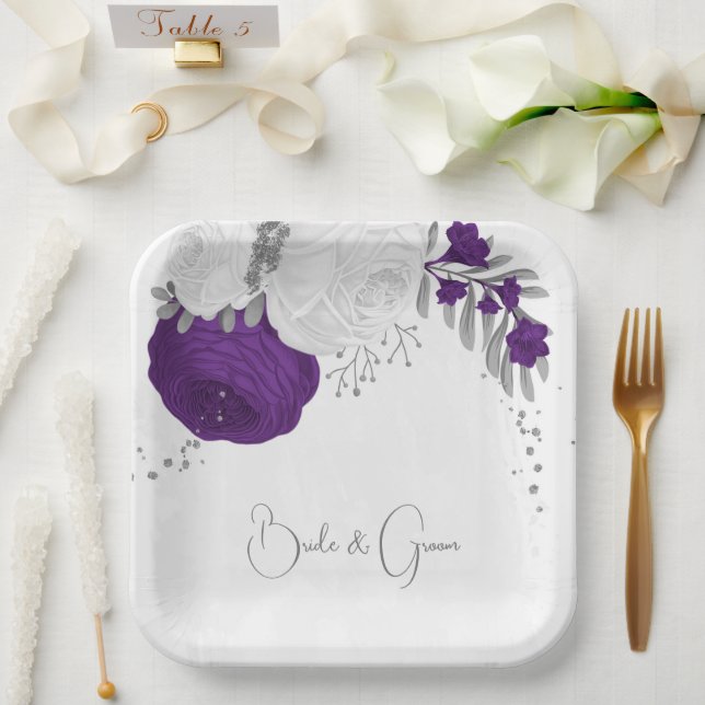 Royal lila & weiß Blume Teller aus Silberpapier (Hochzeit)
