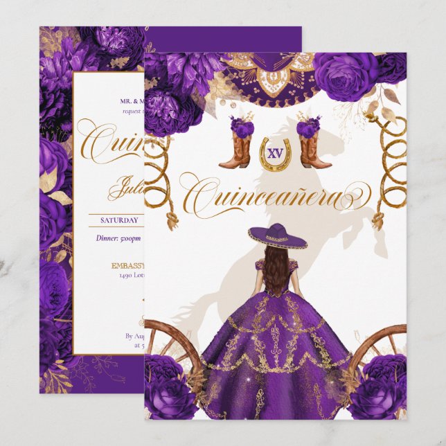 Royal Lila Western Charro 2-seitig Quinceanera Einladung (Vorne/Hinten)