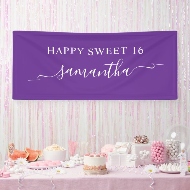 Royal Lila White Happy Sweet 16 Ribbon Name Banner (Party)
