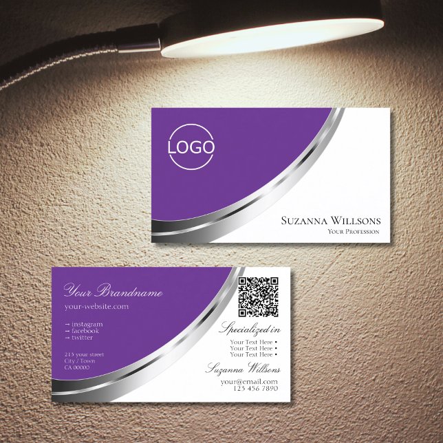 Royal Lila White Silver Decor Logo und QR-Code Visitenkarte (Von Creator hochgeladen)