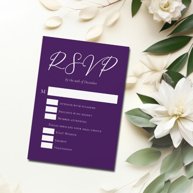 Royal Lila White Typografy Abend Wedding RSVP Karte (Von Creator hochgeladen)