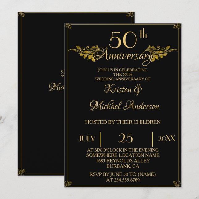 Royal Luxury Classic schwarzes Gold 50 Jahre alt Einladung (Vorne/Hinten)