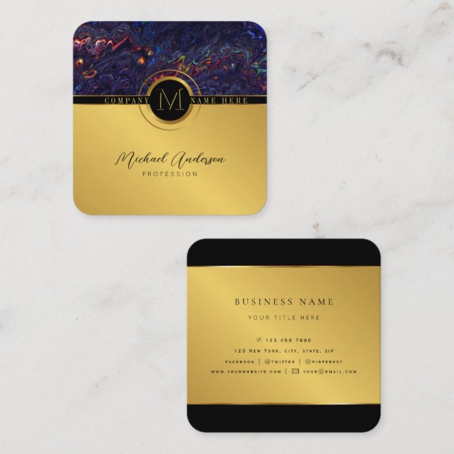 Royal Luxury Gold Round Abstrakt & Agate Monogram Quadratische Visitenkarte (Vorne/Hinten)