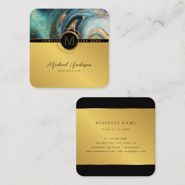 Royal Luxury Gold Round Abstrakt & Agate Monogram Quadratische Visitenkarte (Vorne/Hinten)