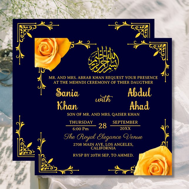 Royal Mehndi Yellow Rose Islamische Hochzeit Einladung (Von Creator hochgeladen)