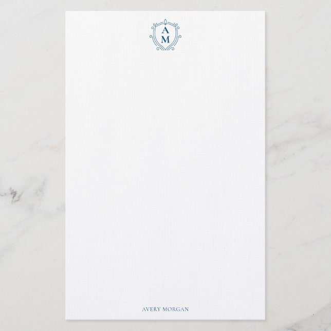 Royal Monogram Wappen Navy Blue Personalisiert Briefpapier (Vorderseite)