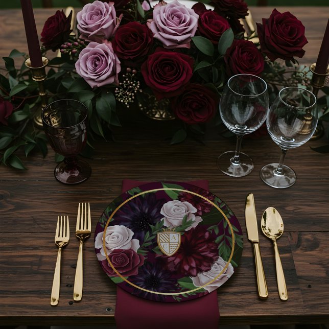 Royal Muse Medieval Fantasy Wappen & Floral Weddin Pappteller (Royal Muse Medieval Fantasy Crest & Floral Wedding Paper Plates)