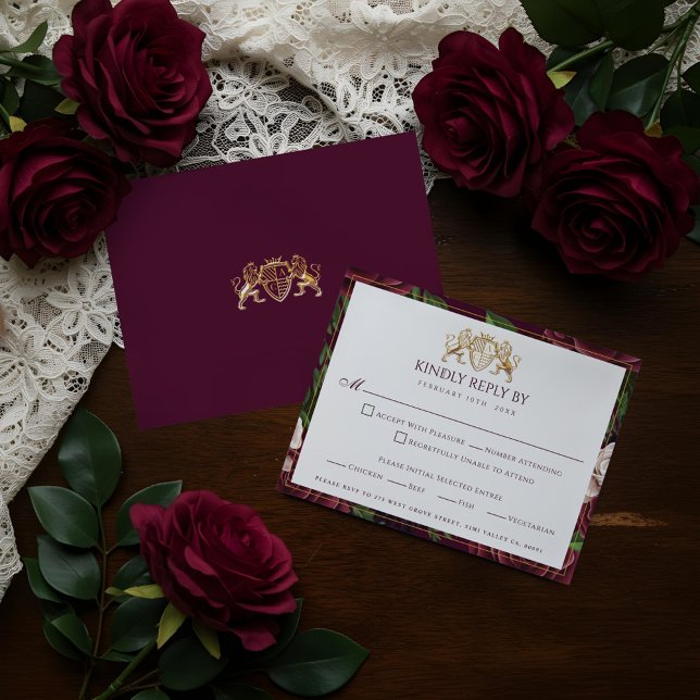 Royal Muse Medieval Lion Wappen & Floral Wedding RSVP Karte (Royal Muse Medieval Lion Crest & Floral Wedding RSVP Card)