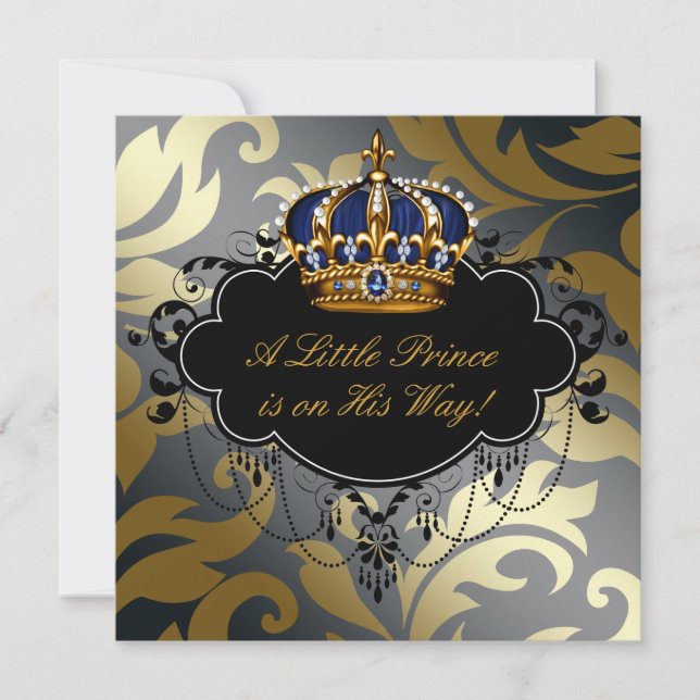 Royal Navy Blue Black Gold Prince Baby Boy Dusche Einladung (Vorderseite)