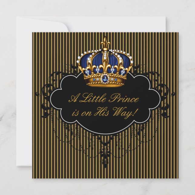 Royal Navy Blue Black Gold Prince Baby Boy Dusche Einladung (Vorderseite)