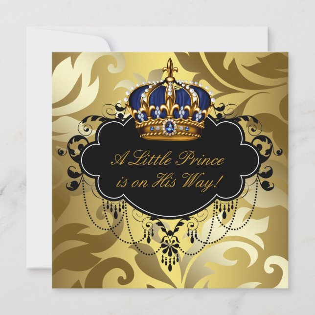 Royal Navy Blue Black Gold Prince Baby Boy Dusche Einladung (Vorderseite)