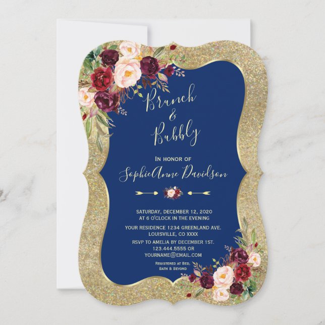 Royal Navy Blue Blush Bloral Gold Brunch & Bubbly Einladung (Vorderseite)