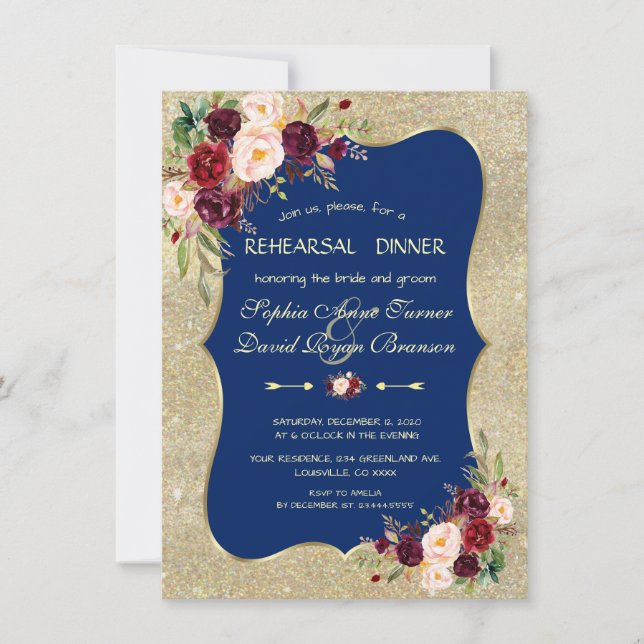Royal Navy Blue Blush Floral Gold Probe Dinner Einladung (Vorderseite)