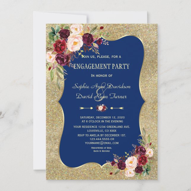 Royal Navy Blue Blush Floral Gold Verlobung Einladung (Vorderseite)