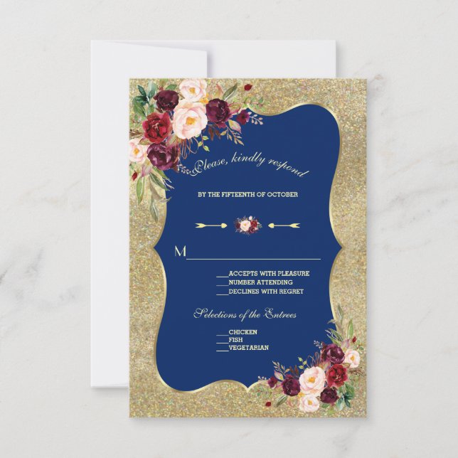 Royal Navy Blue Blush Floral Gold Wedding RSVP (Vorderseite)