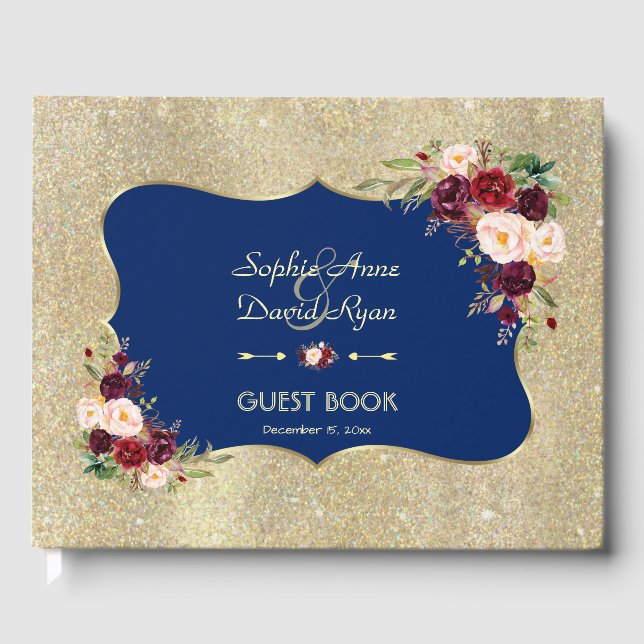 Royal Navy Blue Blush Floral Gold Wedding RSVP Gästebuch (Vorderseite)
