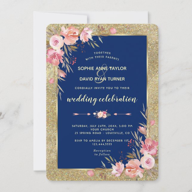 Royal Navy Blue Blush Peonies Gold Wedding Einladung (Vorderseite)