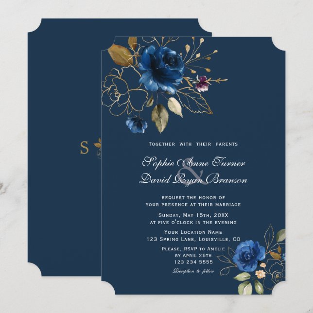 Royal Navy Blue Gold Blume Hochzeit Einladung (Vorne/Hinten)