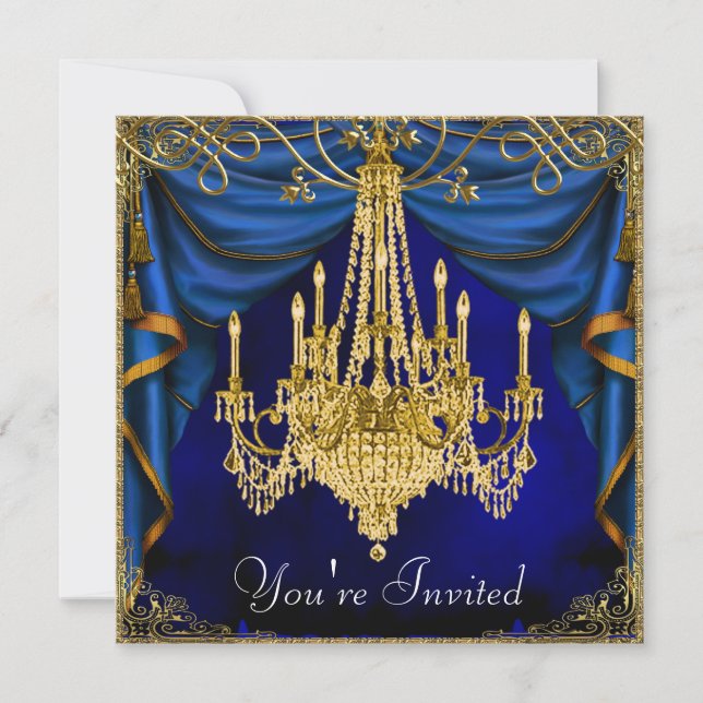 Royal Navy Blue Gold Chandelier Party Einladungen (Vorderseite)