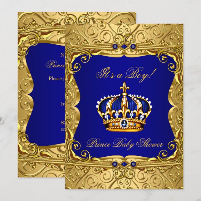 Royal Navy Blue Gold Crown Baby Dusche Einladung (Vorne/Hinten)