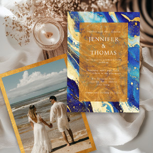 Royal Navy Blue Gold Faire-part de mariage avec ph