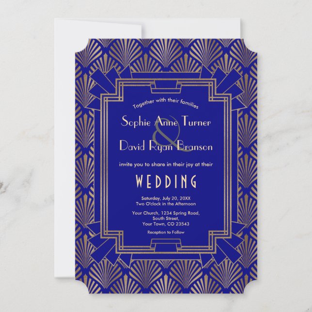Royal Navy Blue Gold Great Gatsby Art Deco Wedding Einladung (Vorderseite)