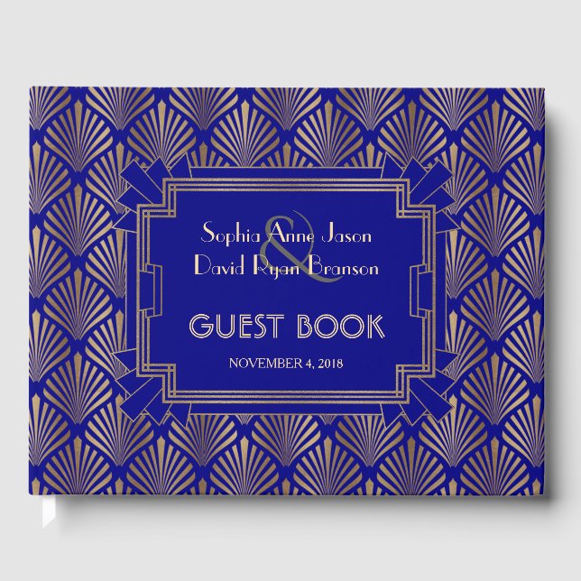 Royal Navy Blue Gold Great Gatsby Art Deco Wedding Gästebuch (Vorderseite)