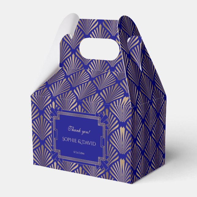 Royal Navy Blue Gold Great Gatsby Art Deco Wedding Geschenkschachtel (Rückseite)