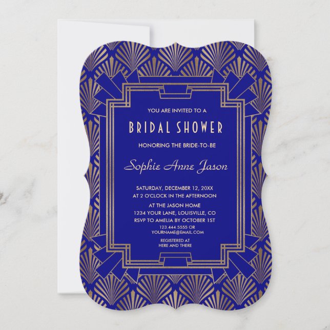 Royal Navy Blue Gold Great Gatsby Brautparty Einladung (Vorderseite)